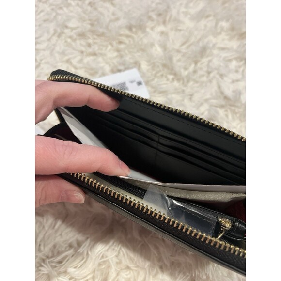 LOVE MOSCHINO Black Vegan Leather Gold Heart Studded Full Zip Wallet Red Inside - Picture 9 of 16